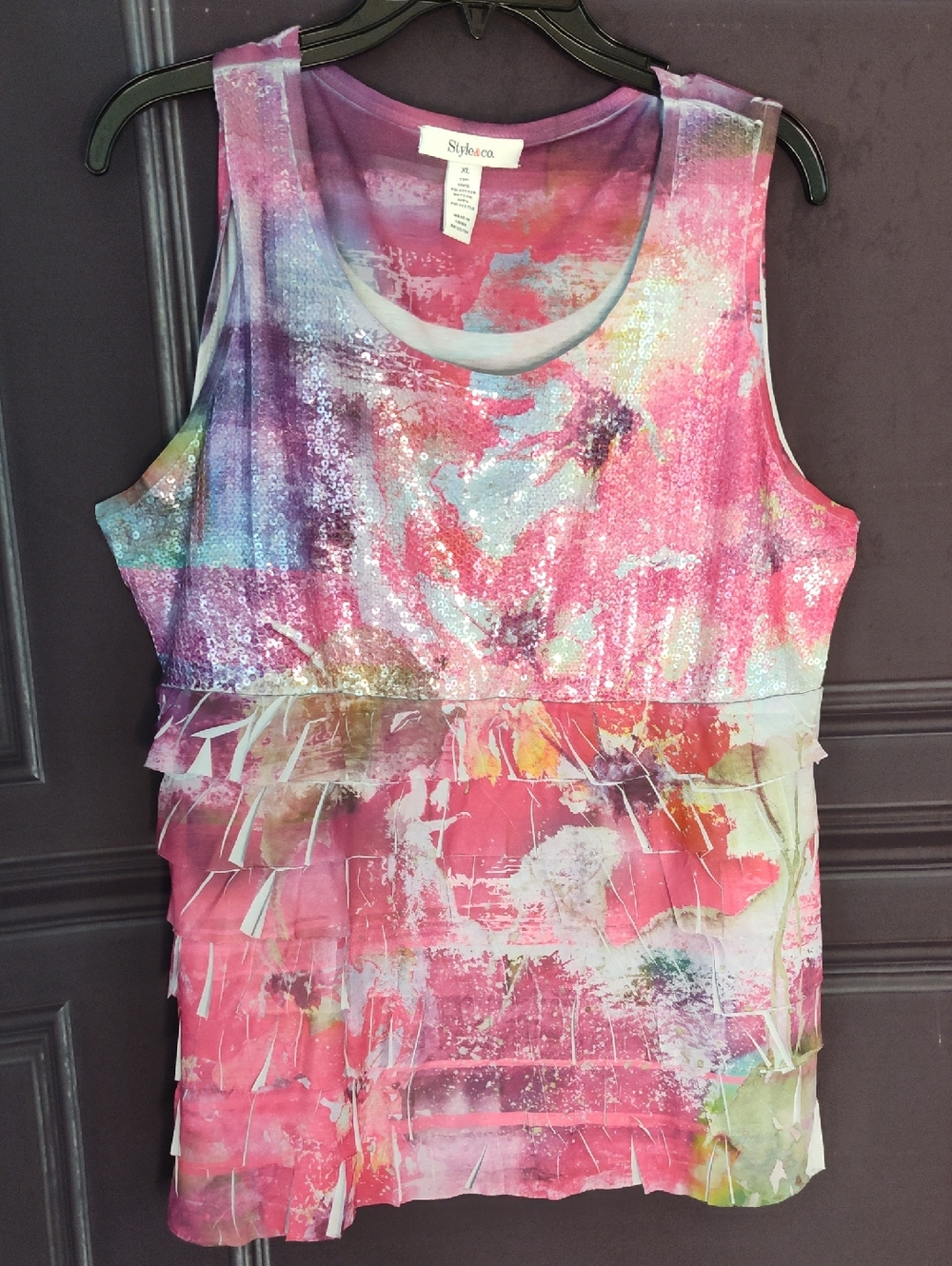 Style & Co. Pink Multicolor Ruffle Tier Tank
